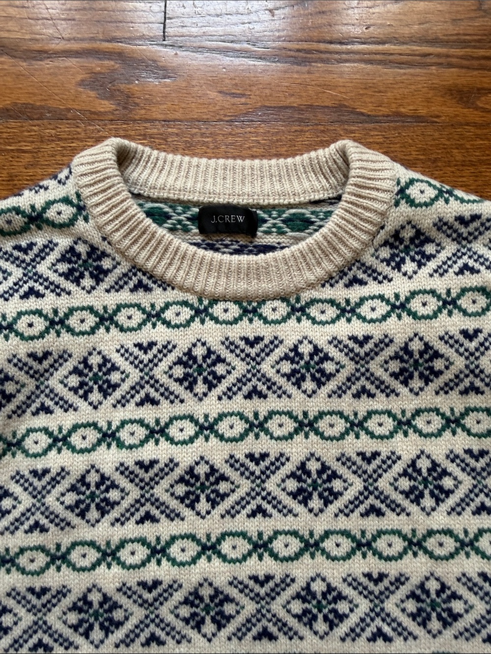 J.Crew Fair Isle Nordic Crewneck Sweater Cream Navy Green Wool Blend Size M - Picture 2 of 7